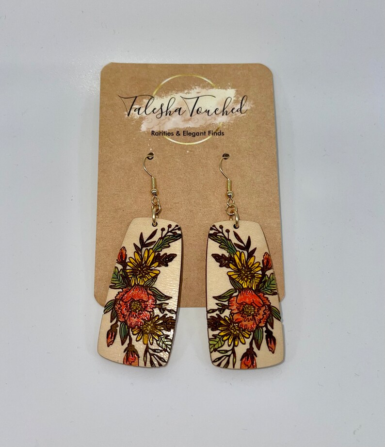 Sunflower Bouquet Flower Dangle Earrings Hand Painted Wood Art Nickel Free Fall Jewelry Harvest Statement Jewelry image 5