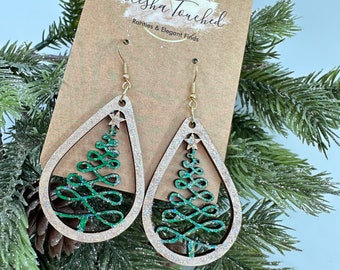 Christmas Tree Curvy Earrings - Sparkling - Hand Painted - Wood Art - Nickel Free - Winter Jewelry - Unique Boho