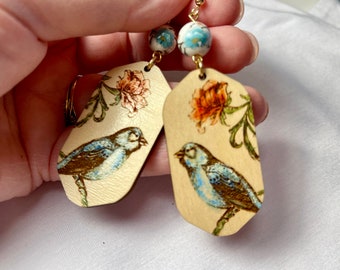 Little Blue Bird with Flower Earrings - Hand Painted - Wood Art - Nickel Free - Elegant Romantic Jewelry