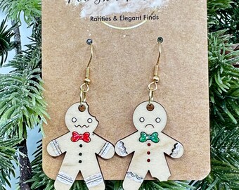 Gingerbread Man Cookie Earrings - Cute - Funny - Mismatched  - Hand Painted - Sparkle - Nickel Free - Winter Jewelry Gingerbread man bitten