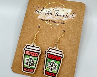 Christmas in a Cup - Peppermint Mocha Coffee Earrings - Frappe - Hand Painted - Sparkle - Nickel Free - Winter Jewelry - Hot