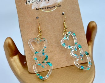 Heart Dangle Earrings Triple Hearts  - Minimalist - Acrylic - Turquoise Foil in Clear Acrylic -  Shimmer - 3 Open Hearts
