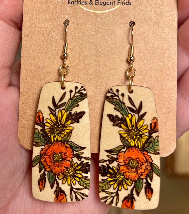 Sunflower Bouquet Flower Dangle Earrings Hand Painted Wood Art Nickel Free Fall Jewelry Harvest Statement Jewelry image 1