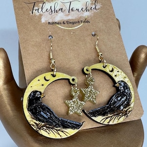 Black Crow Crescent Moon Earrings with Gold Acrylic Hanging Star - Hand Painted - Wood Art - Nickel Free - Fall Jewelry - Spooky Bird
