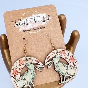 Rabbit Flower Moon Earrings - Nature Lover - Wood Earrings - Moon and Flowers - Hare - Bunny