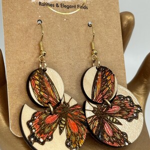Monarch Butterfly Earrings - Wood earrings - Handpainted - Double Dangle Butterfly Wings - Boho