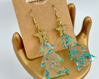 Christmas Tree Earrings with Star  - Acrylic - Turquoise Foil in Clear Acrylic -  Shimmer and Shine - Big