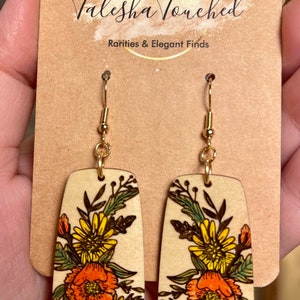 Sunflower Bouquet Flower Dangle Earrings Hand Painted Wood Art Nickel Free Fall Jewelry Harvest Statement Jewelry image 2