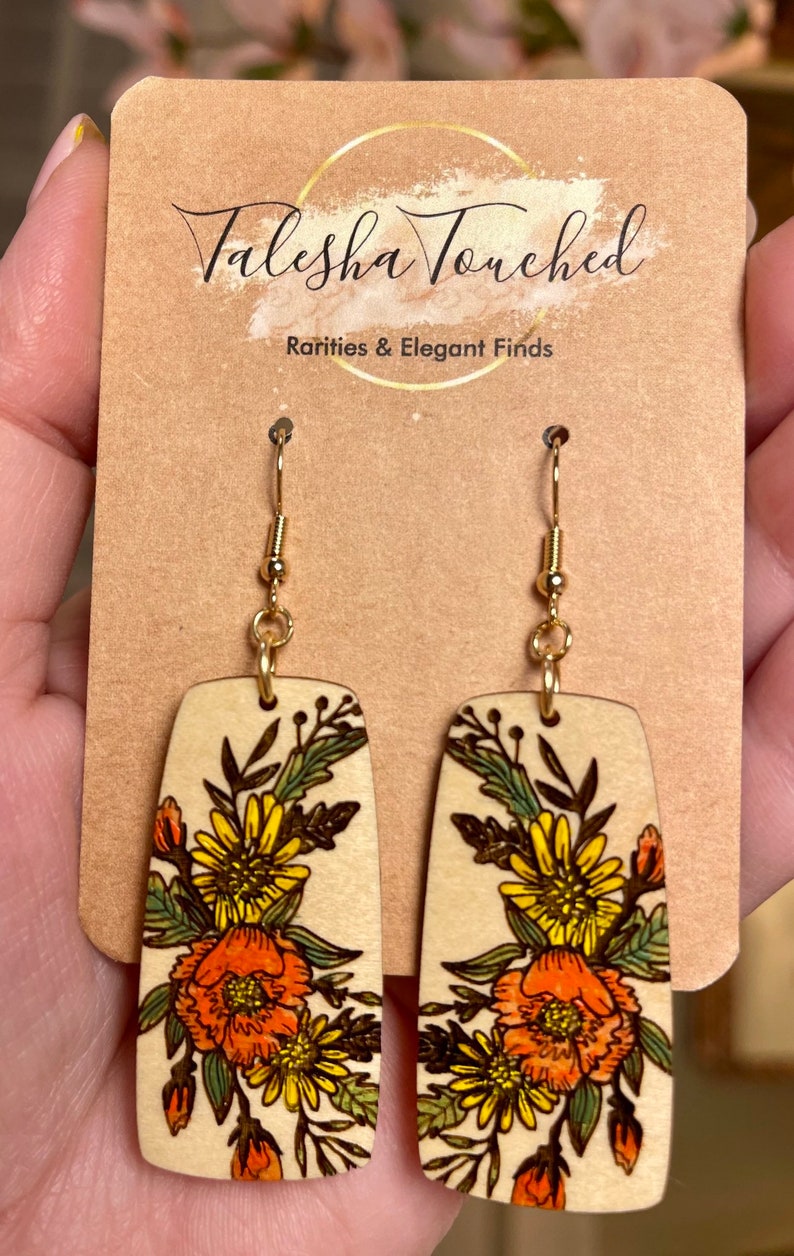 Sunflower Bouquet Flower Dangle Earrings Hand Painted Wood Art Nickel Free Fall Jewelry Harvest Statement Jewelry image 2