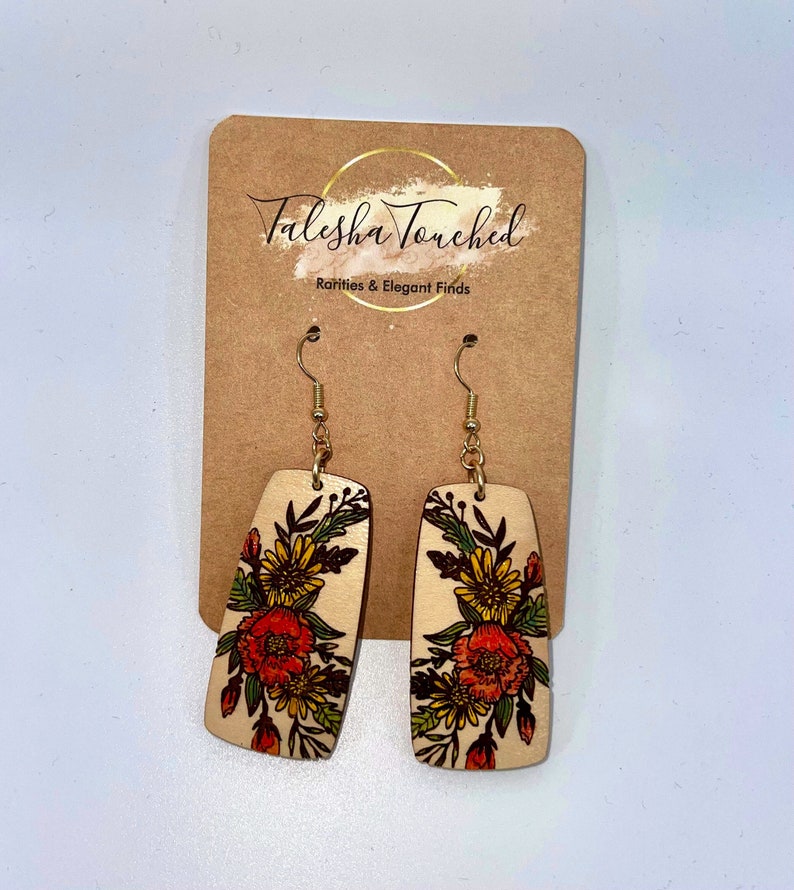 Sunflower Bouquet Flower Dangle Earrings Hand Painted Wood Art Nickel Free Fall Jewelry Harvest Statement Jewelry image 6