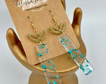 Gift Earrings with Bow - Present Earrings  - Acrylic - Turquoise Foil in Clear Acrylic -  Shimmer and Shine - Big