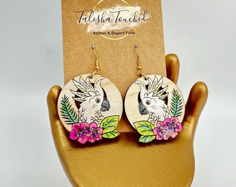 Cockatoo Bird with Flower Earrings - Hand Painted - Wood Art - Nickel Free - Elegant Romantic Jewelry - Boho Bird - Tropical