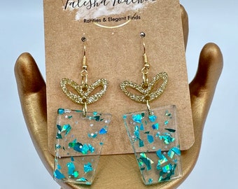 Gift Earrings with Bow - Present Earrings  - Acrylic - Turquoise Foil in Clear Acrylic -  Shimmer and Shine - Big