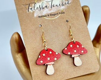 Mushroom Earrings - Hand Painted Wood Earrings - Red Mushroom with Spots - Cute Unique Gifts