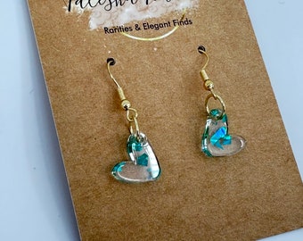 Heart Dangle Earrings Small  - Minimalist - Acrylic - Turquoise Foil in Clear Acrylic -  Shimmer