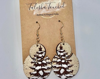 Winter Tree - Natural Woodland Snow Tree Earrings - Engraved Wood Art - Nickel Free - Jewelry - Painted - Christmas Double Dangle