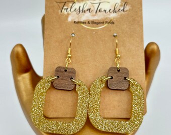 Style and Statement Earrings - Gold Acrylic and Walnut  Wood - Dangle Earrings - Gold Sparkle Embedded Acrylic