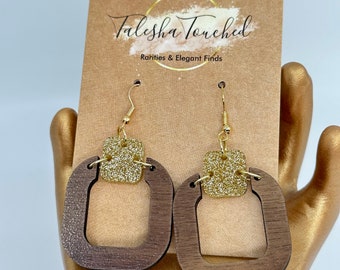 Style and Statement Earrings - Gold Acrylic and Walnut  Wood - Dangle Earrings - Gold Sparkle Embedded Acrylic