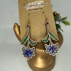 February Birth Flower Earrings Dangle Handpainted  Wood Violet Earrings Mothers Day Birthday Girl Gift Boho Nature