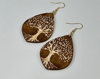 Tree of Life - Natural Woodland Tree Earrings - Engraved Wood Art - Nickel Free - Jewelry