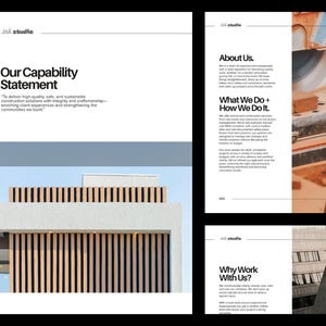 Może przedstawiać: Profesjonalna broszura z tekstem "Our Capability Statement" i "About Us". Broszura zawiera obrazy architektoniczne i nowoczesny design. Schemat kolorów to głównie biały, czarny i pomarańczowy.