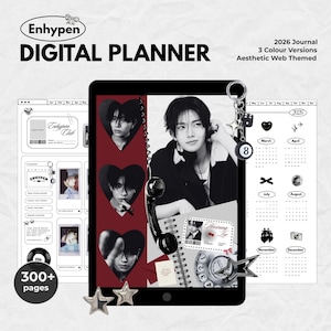 May include: Digital planner with the text "Enhypen DIGITAL PLANNER" and "2026 Journal". The planner features a black and white aesthetic with images and calendar elements. Includes a keychain with the number 8 and star-shaped embellishments.