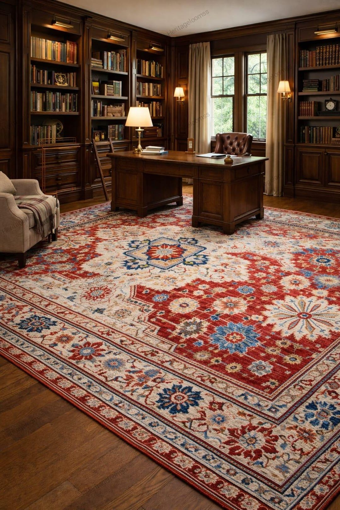 Hand Knitted Persian Style Area Rug – Vintage Floral Wool Carpet, Red ...
