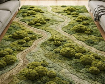Hand Tufted Moss Landscape Rug | 3D Green Nature Inspired Area Rug | Modern Organic Texture