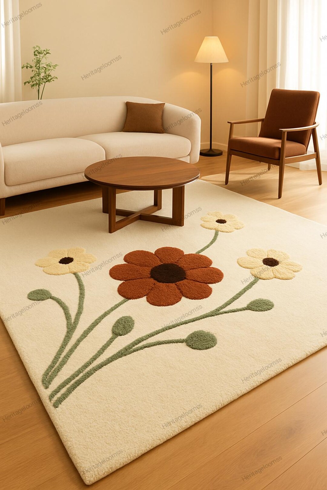 Hand Tufted Floral Area Rug – Mid Century Modern Flower Rug, Cream ...