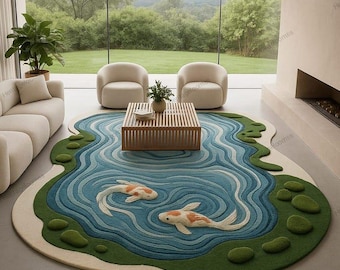 Alfombra con forma de estanque Koi: diseño de peces Koi para sala de estar