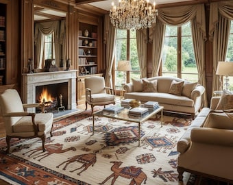Hand Knotted Wool Rug: Tribal Camel Motif, Boho Desert Design