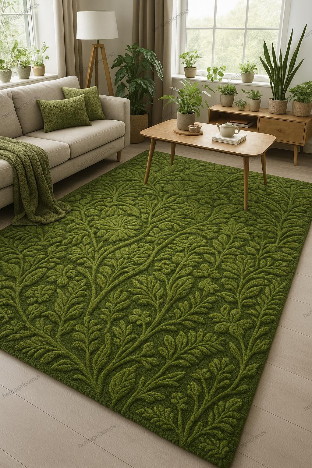 Moss Green Hand-tufted Wool Botanical Rug – Pemium 100% Wool Carpet for ...
