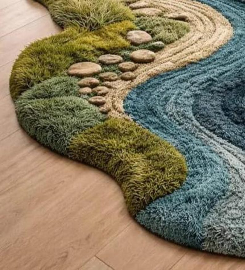 Unique Shape Runner Rug Hand Tufted River Runner Rug, Nature Inspired Moss Rug, Organic Shaped ...