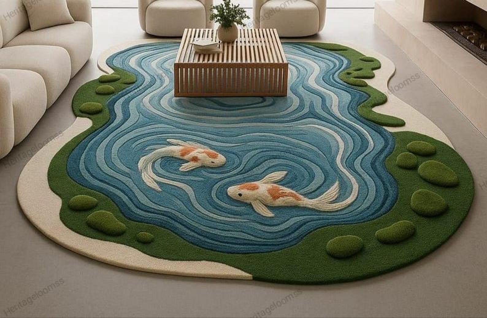 Pond Rug Design Koi Pond Shaped Carpet – Rug With Koi Fish Design for Living Room - Etsy