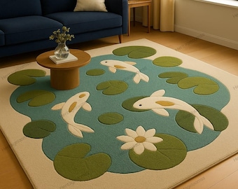 Hand-Tufted Wool Rug | Koi Pond, Nature-Theme Carpet