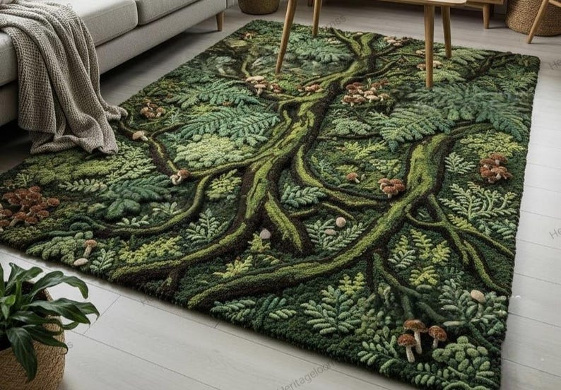 Foresty Rug Hand-tufted Wool Rug: Forest Moss Green, Botanical Design - Etsy