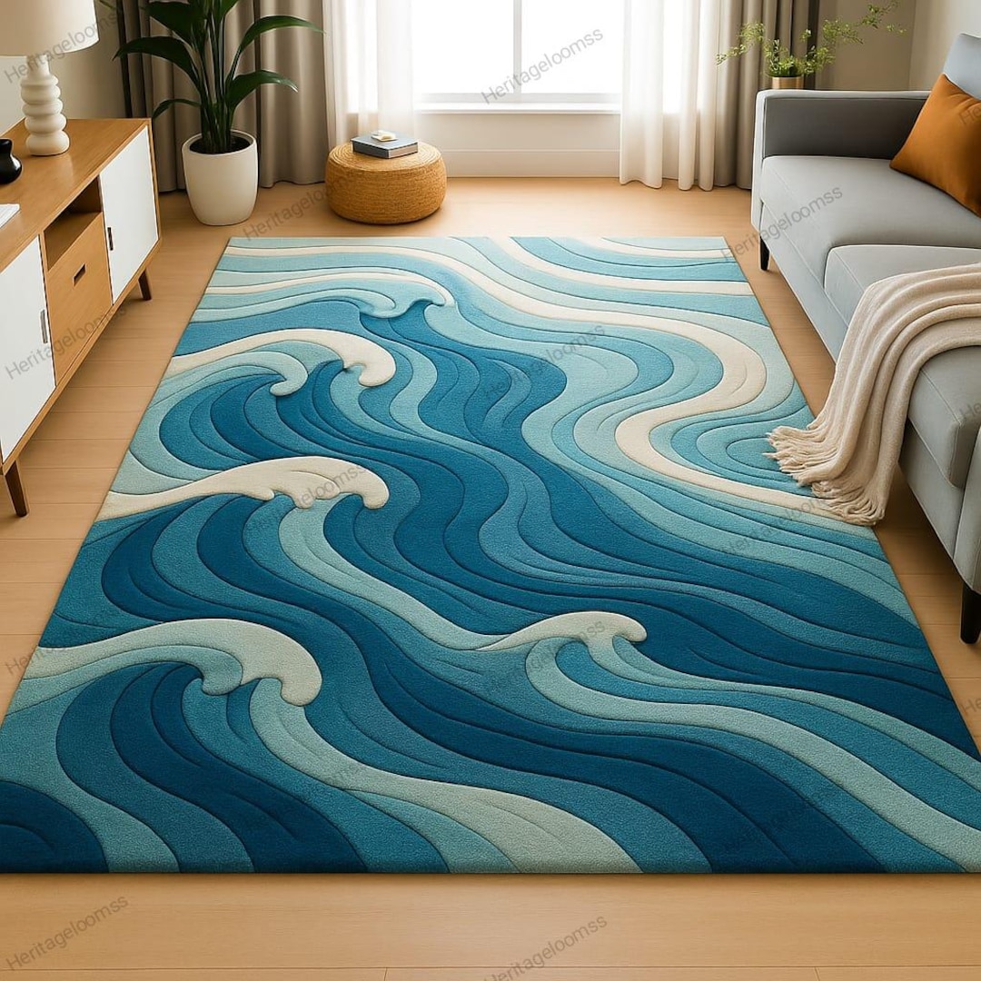 3docean Rugs Ocean Waves 3D Embossed Area Rug – Modern Luxury Living Room Carpet - Etsy