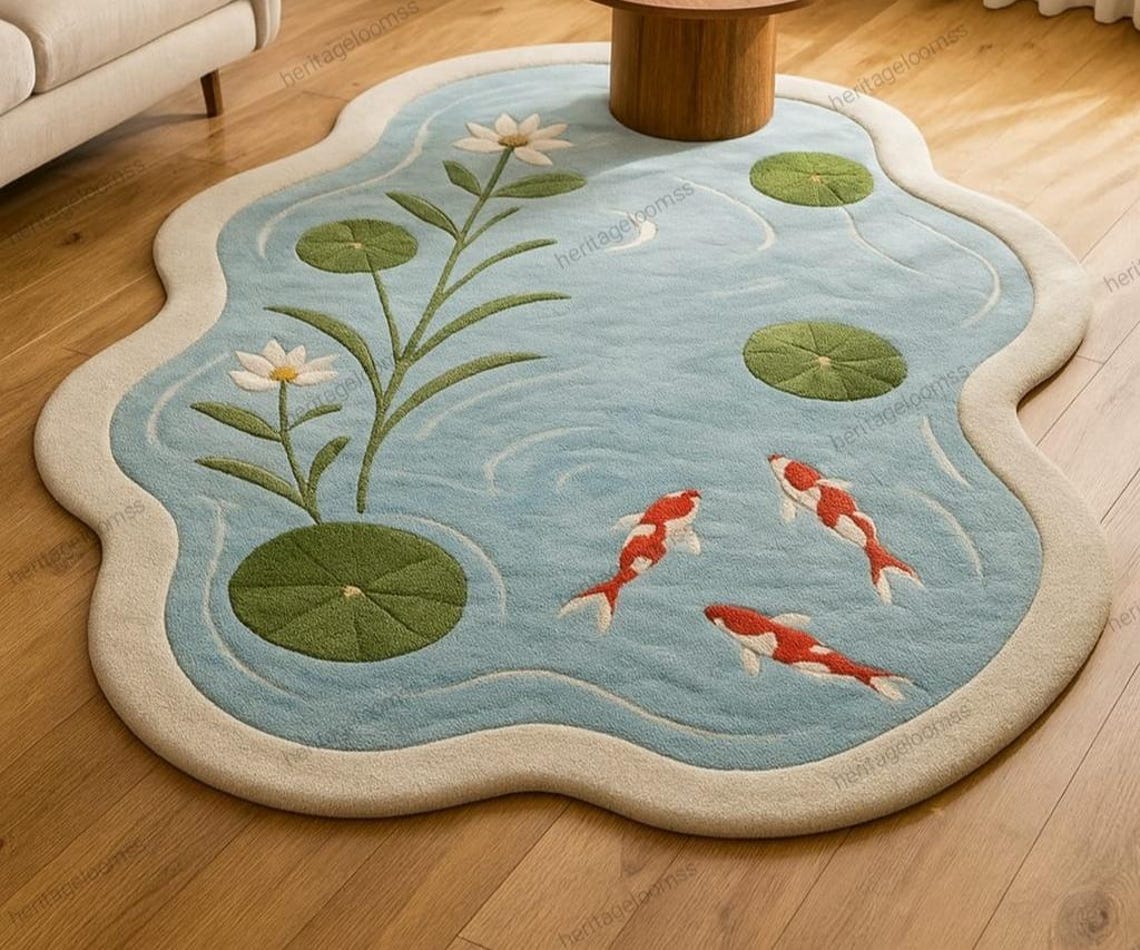 Pond Rug Design Koi Pond Shaped Carpet – Rug With Lily Pads & Koi Fish Design for ...