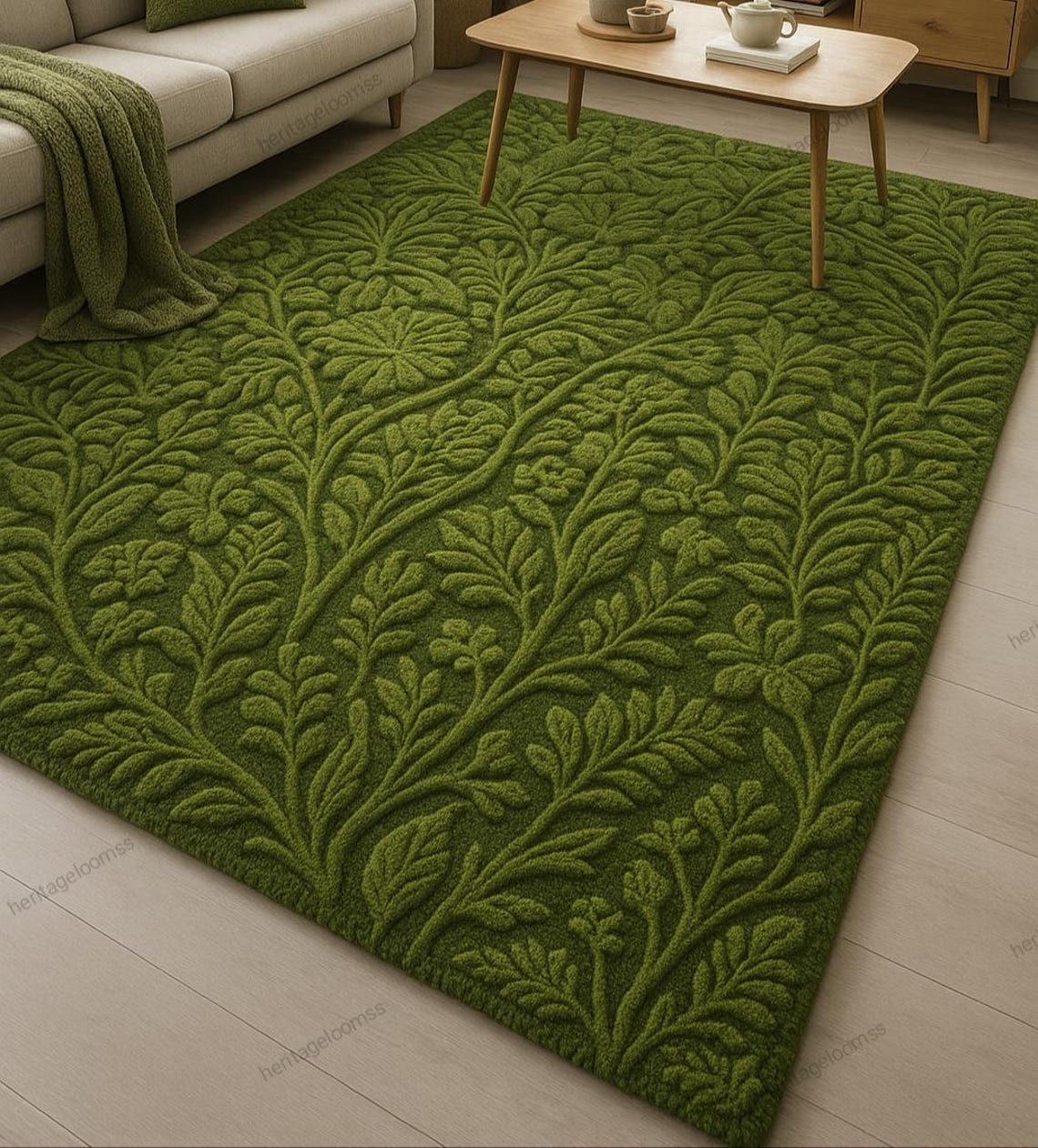 Moss Green Hand-tufted Wool Botanical Rug – Pemium 100% Wool Carpet for ...