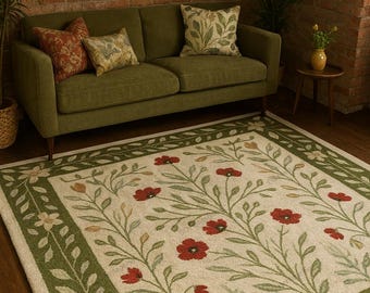 Modern Moss-Green Textured Floral Tufted Wool Rug – Nature-Inspired Designer Carpet