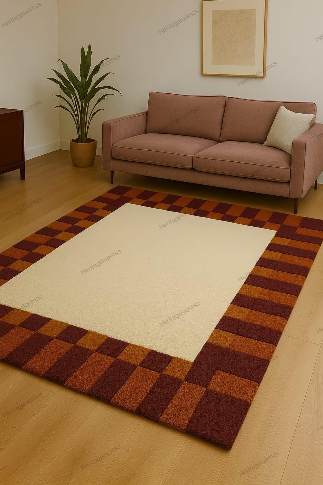 Rust And Ivory Check Rug Hand Tufted Modern Area Rug – Ivory Center With Rust & Brown Checkered ...