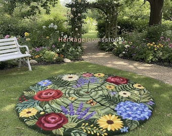 Handmade Wool Round Rug: Floral Garden, Cottagecore Décor