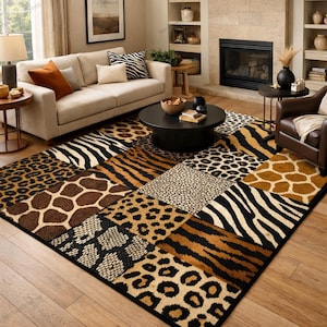 May include: A large area rug with a patchwork design featuring various animal prints, including leopard, zebra, tiger, giraffe, and snake patterns. The rug is primarily brown, black, and tan, with a black border. It is placed in a living room setting.