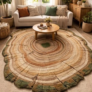 Tapete redondo com estampa de anéis de árvores, feito à mão – inspirado na natureza – para sala de estar rústica com tema de bosque.