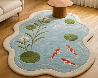 Alfombra con forma de estanque koi: diseño de nenúfares y peces koi para sala de estar