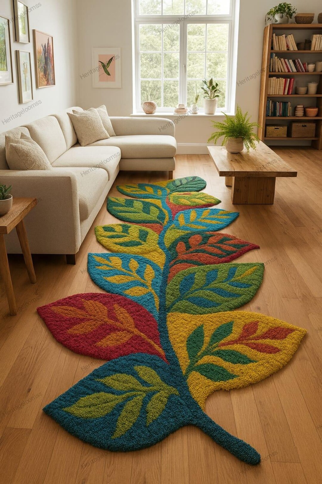 Leafy Handmade Rug Hand Tufted Leaf Shape Rug – Colorful Botanical Area Rug, Modern Nature ...