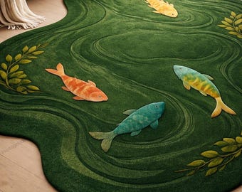 Hand getuftet Koi Fischteichteppich | Grüner von der Natur inspirierter Teppich | Japanischer Zen-Stil
