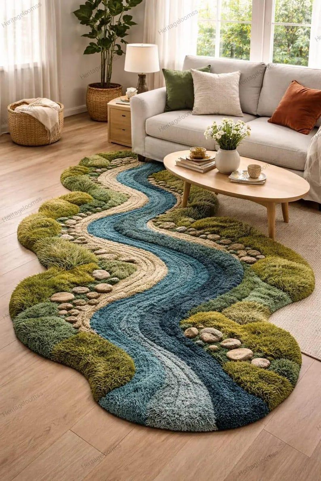 Hand Tufted River Runner Rug, Nature Inspired Moss Rug, Organic Shaped ...