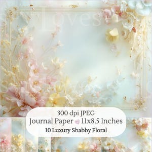 May include: A digital image featuring a soft, floral design with a vintage aesthetic. The image includes a decorative frame and delicate flowers in pastel pinks, yellows, and whites. Text on the image reads "Journal Paper 11x8.5 Inches".