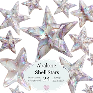 May include: A collection of abalone shell star-shaped PNG clipart with a transparent background. The stars have iridescent colors of white, purple, and blue. The image includes the text "Abalone Shell Stars", "24", and "300dpi PNG Clipart".